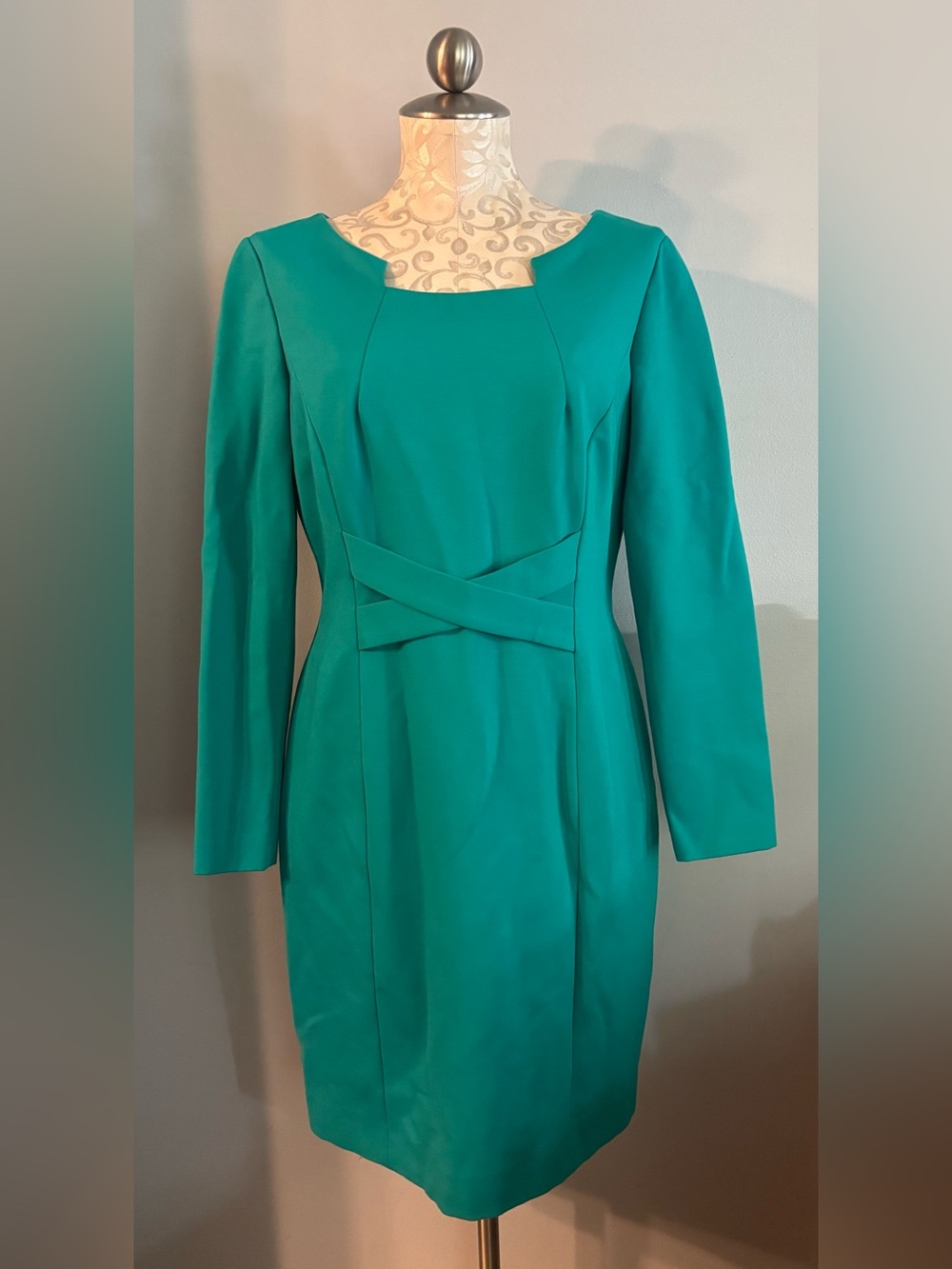 ANTONIO MELANI Teal Long-Sleeve Sheath Dress with Waist Cross Detail